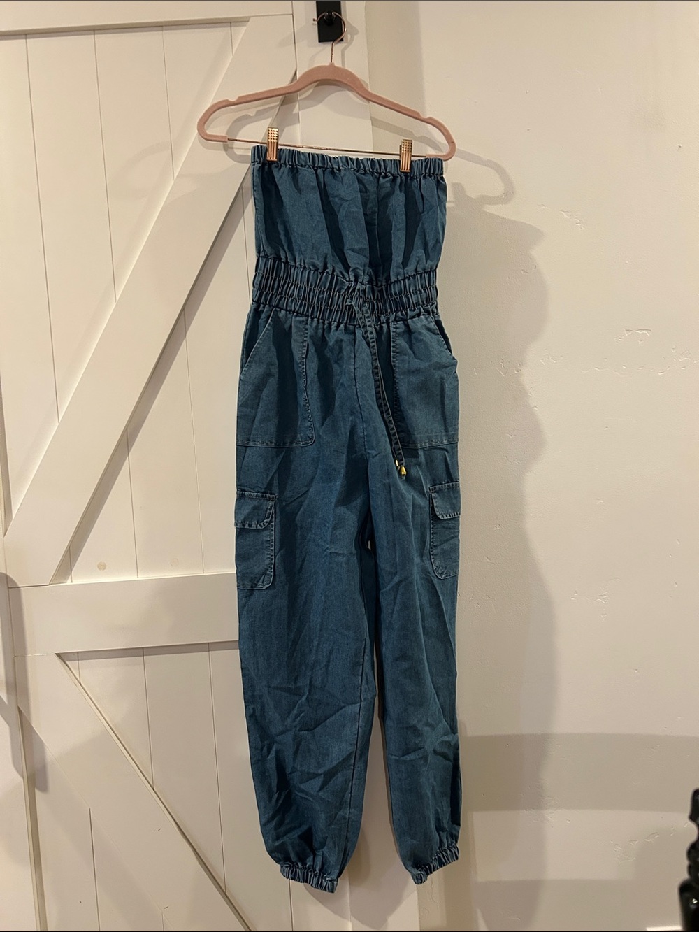 Blush Strapless Cargo Jumpsuit in denim. New with tags